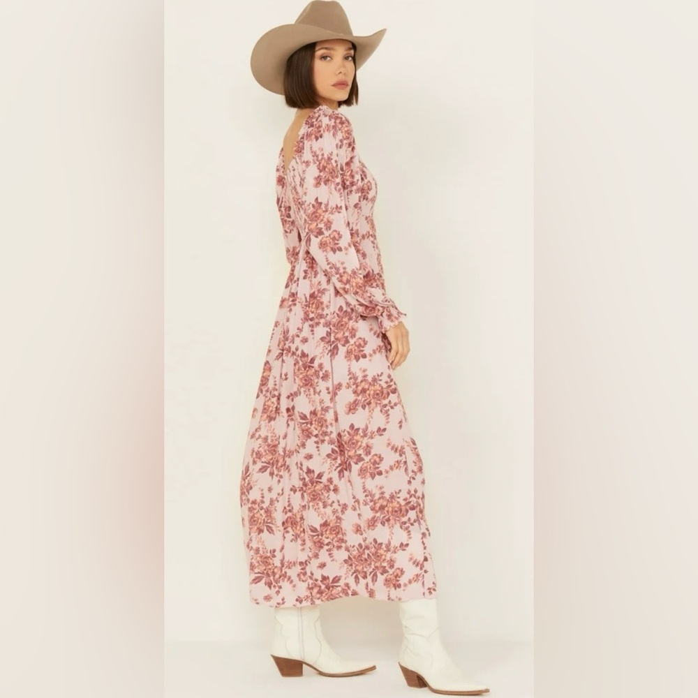 Free People Powder Baby Pink Floral Smocked Long Sleeve Jaymes Midi Maxi Dress